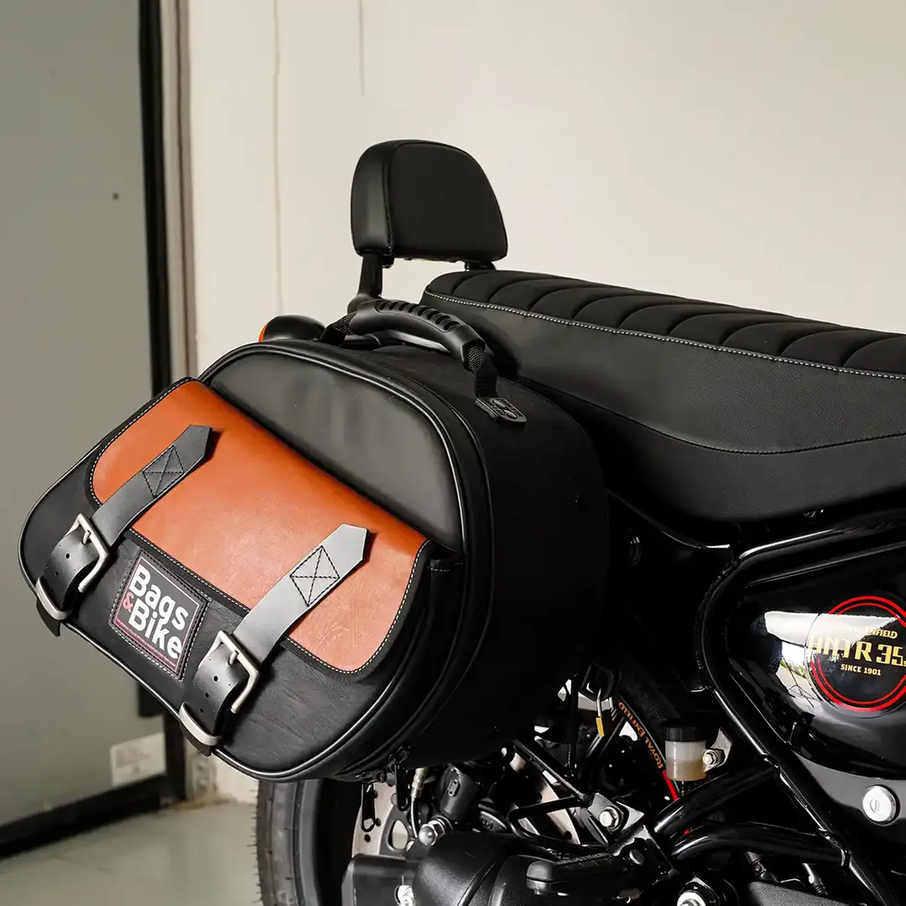 Panniers for Royal Enfield Hunter 350, pair of EXPLORER in Black and Leather side bags - Image 2