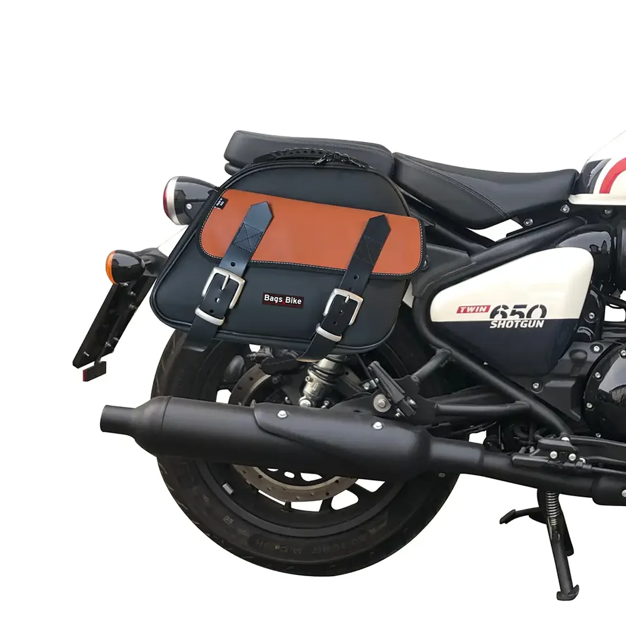 Borse laterali per Royal Enfield Shotgun, coppia di borse EXPLORER in Nera e Cuoio - immagine 2